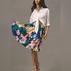 Anthropologie Maeve Midi Skirt The Valerie Pleated Blue Motif Preppy Floral sz 4